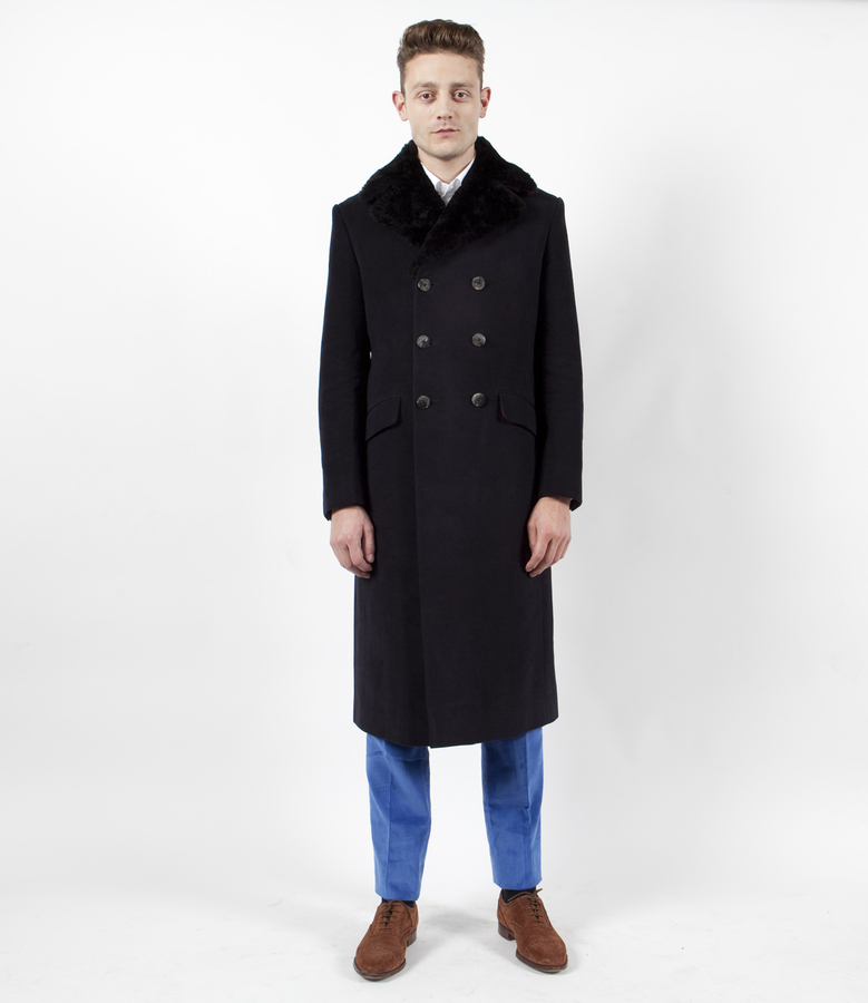 The Anton Overcoat: Fur Collared Navy Moleskin - Beggars Run